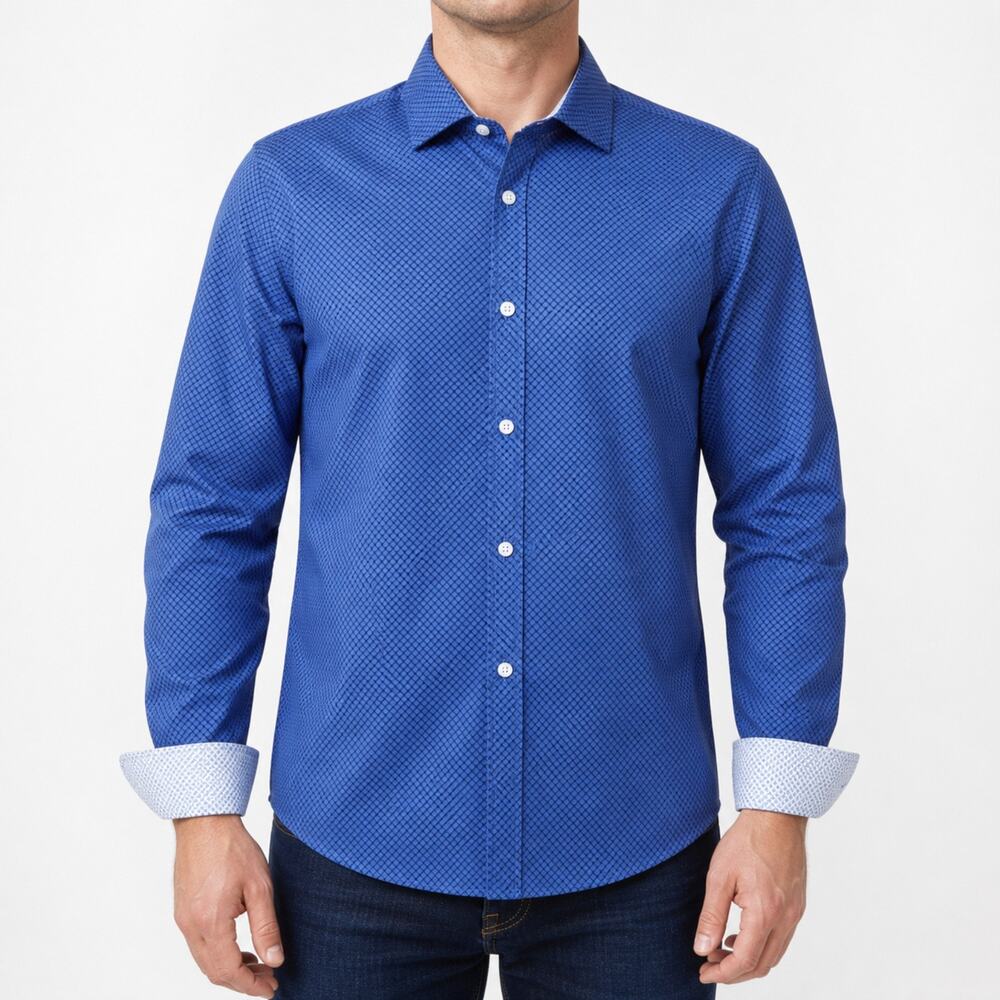 Society of Threads Shirt Mens Large Blue Geometric Button Up Long Sleeve Dressy